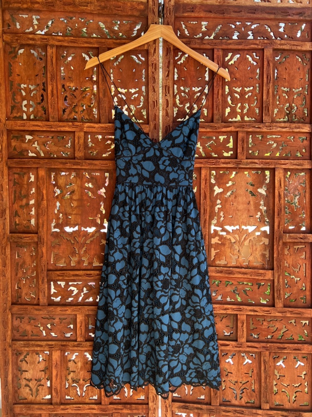 NWT! Likely CHESSINGTON Blue and Black Lace-Overlay Midi Dress